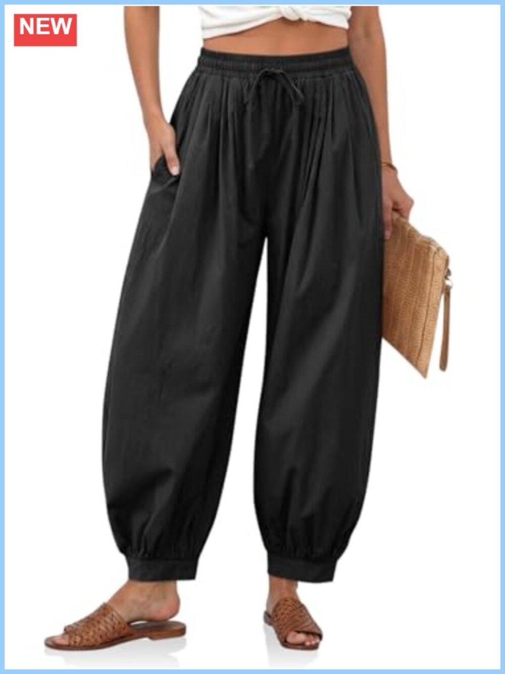 Womens High Waisted Wide Leg Cotton Pants Pleated Baggy Drawstring Lounge